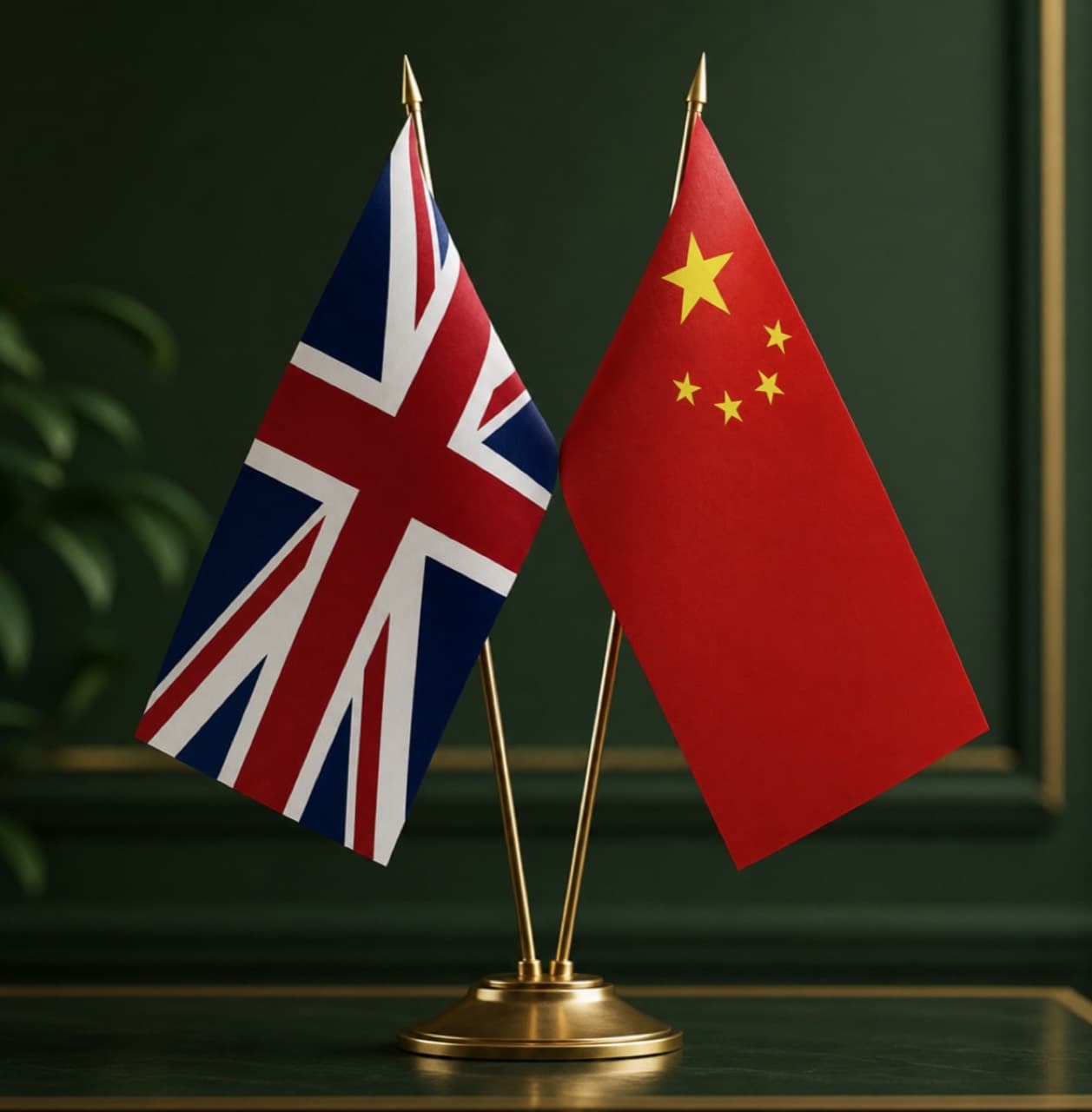 UK and Chinese flags representing the UK-China trade relationship and the halving of Chinese import tariffs on UK whisky following Prime Minister Starmer's visit